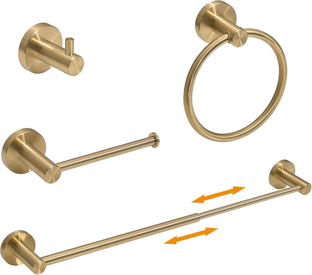 Besy 4 Piece Bathroom Accessories Set (Adjustable 16 to 26 Inch Towel Bar, Towel Ring, Toilet Paper Holder,Towel Hook), Wall Mounted Bath Hardware Accessory Fixtures Set,Stainless Steel/Brushed Gold