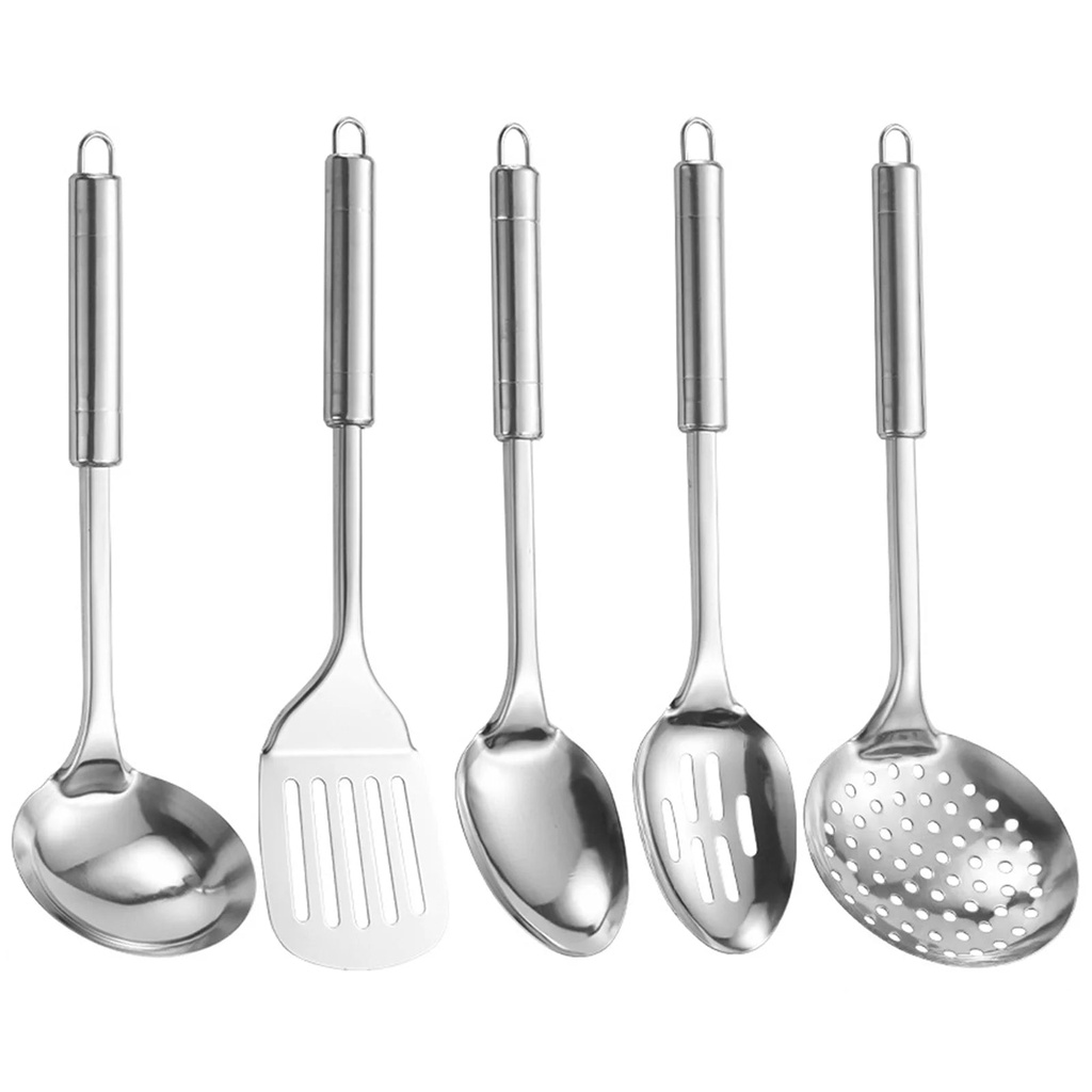 5Pcs Stainless Steel Kitchen Utensils Set Heat Resistant Non-Stick Spoons Spatula with Hanging Hole Ergonomic Handle Cooking Tools-Silver