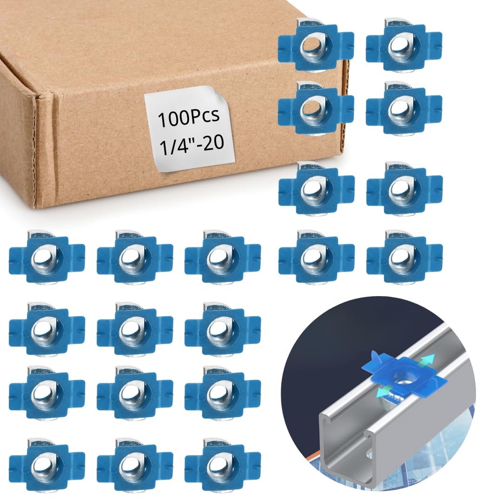 Nylon Channel Squeeze Nut, 1/4"-20 Strut Channel Cone Nuts(100 Pcs), for Solar Panels Mounting, American Channel Support Systems, Easy Positioning.