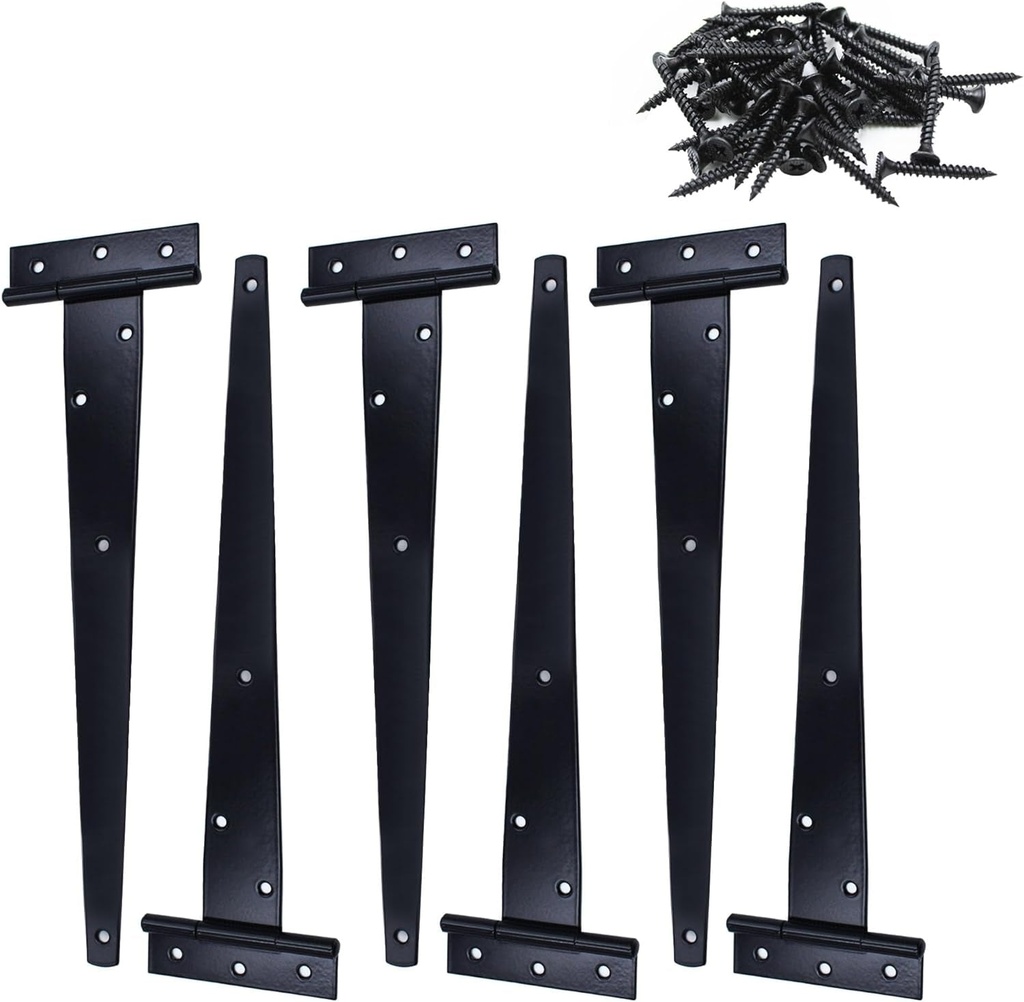 12 Inch T-Strap Heavy Duty Shed Door Hinges Gate Strap Hinges Black Tee Hinge Wrought Hardware for Wooden Fences,Yard,Barn Door,Rustproof (6 Pack)