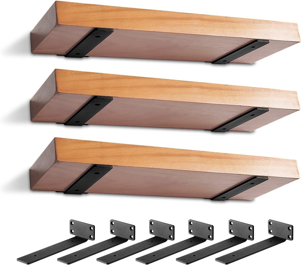 6 Pack Heavy Duty Shelf Brackets 10 Inch, Floating Shelf Brackets(1/5”-Thick), L-Shaped Wall Shelf Brackets Hidden & Decorative Shelf Bracket Black