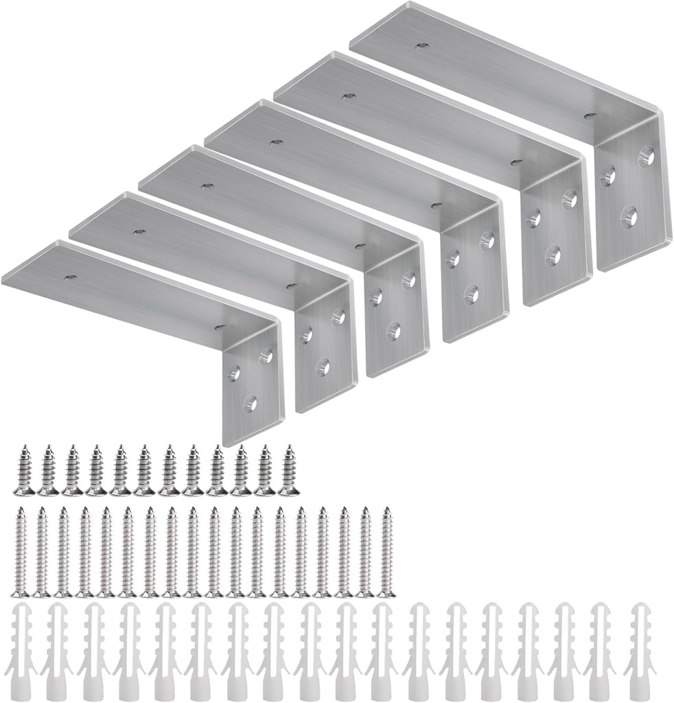 Floating Shelf Brackets 6 Inch - L Heavy Duty Shelf Brackets for Wood, Stainless Steel Bracket Hardware Supports for Shelves 6 Packs