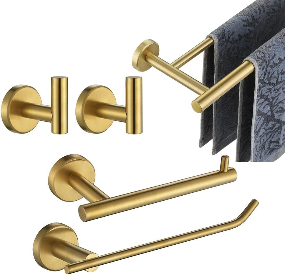 JQK Bathroom Hardware Set, 5-Piece Bath Accessories Set Brass Gold Wall Mount Includes 24 in Towel Bar, 9 in HT Bar, TP Holder, Towel Hook X 2 Brushed Gold, BAS105-BG