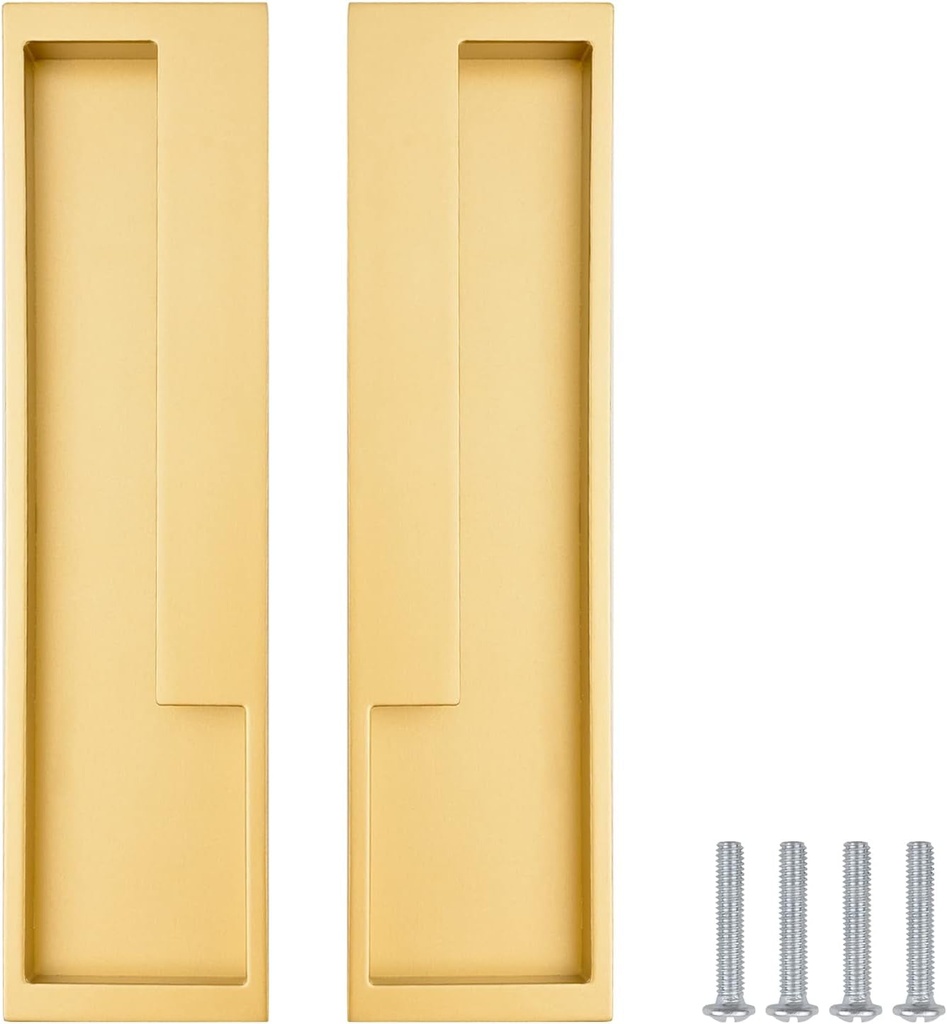 MOROBOR Zinc Alloy Flush Pull Handles, 2Pcs Embedded Sliding Door Handle with Hidden Screws, 7.95'' Modern Simple Door Pull Handle for Sliding Barn Drawer Cupboard Wardrobe/Matte Gold