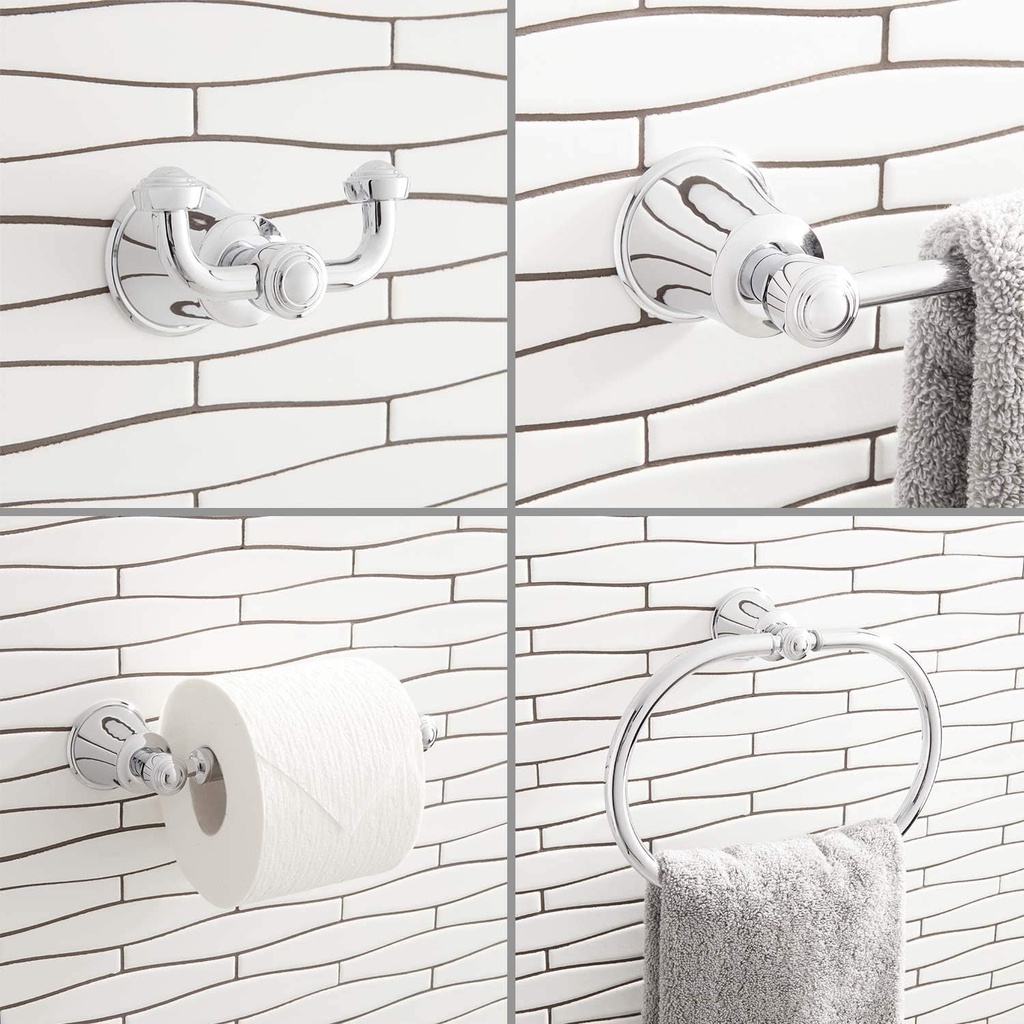 433324 Cooper Collection Bathroom Hardware Set with 7-5/8 Inch Tissue Roll Holder, 9-5/8 Inch Towel Ring, 25-1/2 Inch Towel Bar and 3-1/2 Inch Robe Hook