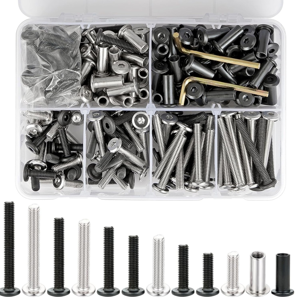100 Sets M6 Bolts and Barrel Nuts Kit - Mixed Silver and Black Steel Hex Metric Machine Screw Set for Enhanced Cabinet Stability, M6 Screws for Tv Mount, Wood Working Tools and Accessories