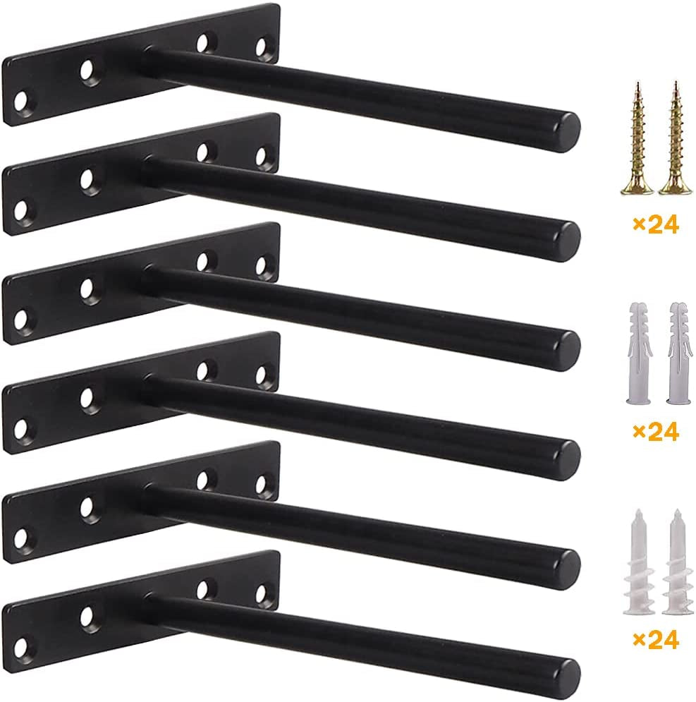 Blind Floating Shelf Brackets - DIY Heavy Duty 8 Inch Wall Shelf Brackets, Solid Stainless Steel Matte Black Hidden Support with Hardware for Custom Wood Shelves (6 Pack)
