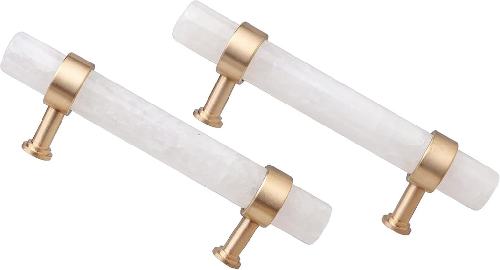Mookaitedecor Set of 2 Brushed Brass with Rock Quartz Crystal Drawer Knobs, Kitchen Cabinet Handles Pulls Door Knobs for Dresser Cupboard Hardware, 5.9 Inches