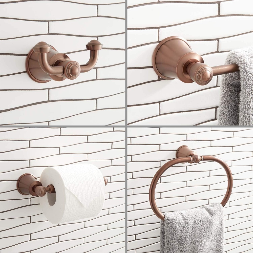 433325 Cooper Collection Bathroom Hardware Set with 7-5/8 Inch Tissue Roll Holder, 9-5/8 Inch Towel Ring, 25-1/2 Inch Towel Bar and 3-1/2 Inch Robe Hook