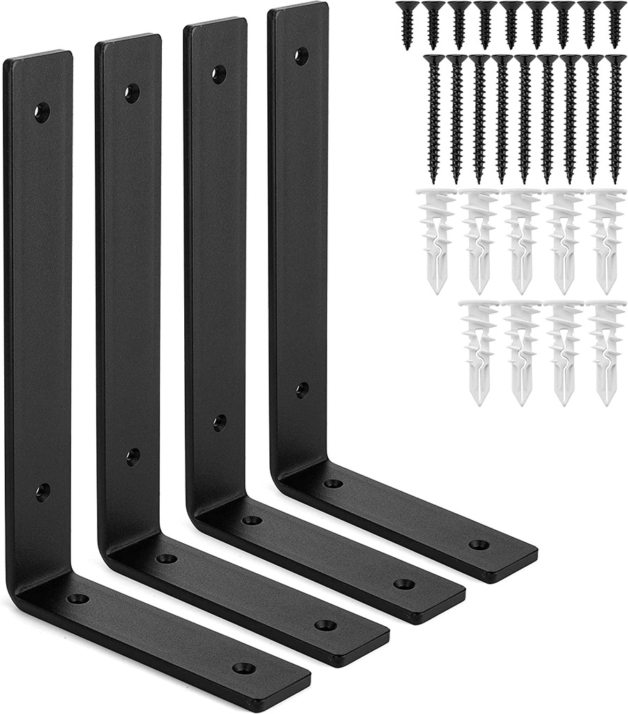 Premium Heavy-Duty Shelf Brackets - Quarter Inch (1/4") Thick - Rustic Industrial Modern Farmhouse Black Iron Finish Open Shelving Holder Hanger W/ Hardware, 4-PK - Multiple Sizes Available (10" X 6")