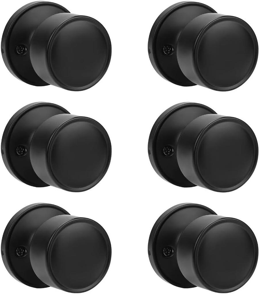 One Sided Matte Black Door Knobs Interior 6 Pack, Flat Keyless Dummy Door Knob for Bifold Doors No Lock, Non-Turning Modern Black Door Handle Interior for Pantry