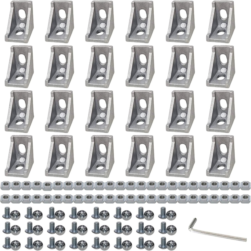 24Pcs 2020 Corner Bracket, 2020 Aluminum Extrusion Profile Connector, Aluminum Extrusion Hardware V-Slot Accessories, T-Slotted for 2020 Aluminum Profile 3D Printer Frame Parts Accessories (Silver)