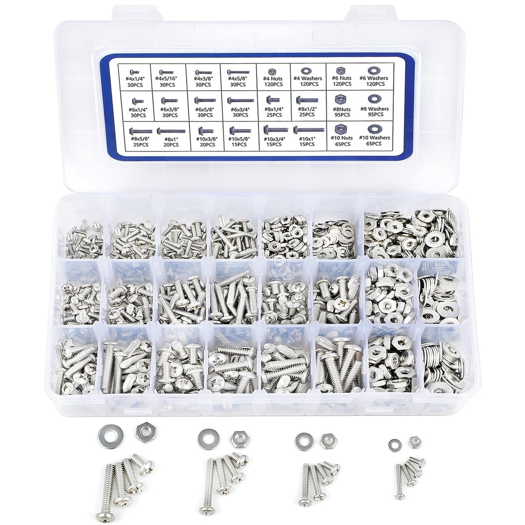 1200PCS Machine Screw Assortment Kit, JROUTH Phillips Pan Head #4-40#6-32#8-32#10-24 Assorted Nuts Bolts and Flat Washers Set, 304 Stainless Steel Hardware Assortment with Storage Case