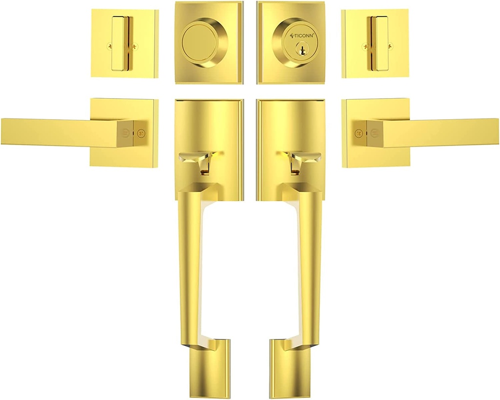 TICONN Double Front Door Handle Set, Heavy Duty Square Door Lever and Single Cylinder Deadbolt Combo for Side by Side Entrance Exterior Doors (Polished Brass)
