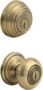 Kwikset Juno Keyed Entry Door Knob and Single Cylinder Deadbolt Combo Pack with Microban Antimicrobial Protection Featuring Smartkey Security in Antique Brass, 99910-033