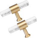 TUMBEELLUWA Set of 2 Crystal Stone T Bar Pull Handles with Screws, Brushed Brass Single Hole Quartz Stick Hardware Cabinet Knobs for Dresser Cupboard Kitchen Decor, Rock Crystal