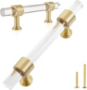 QOGRISUN 5-Pack Acrylic Cabinet Pulls with Brass Base, 3-3/4-Inch Hole Center for Kitchen,Gold Modern Drawer Handles,Dresser Drawer Clear Glass Crystal Pulls, 5.9-Inch Total Length