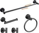 Black Bathroom Hardware Set with Adjustable Towel Bar 13.5 Inch to 24 Inch, 5 Pieces Bathroom Accessories Includes 1Pc Towel Bar, 1Pc Towel Ring, 1Pc Toilet Paper Holder and 2 Robe Hooks