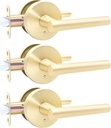 Gold Interior Privacy Door Handle with Lock, Door Lever for Bathroom and Bedroom, Reversible Keyless Push Button Lock Door Lever, Heavy Duty Design, Satin Brass (3 Pack)