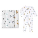 Aden + Anais Jungle Jam Bundle - Swaddle Blanket, Boutique Muslin Blankets for Girls & Boys, Jungle Jam, 4 Pack - Baby Comfort Knit Fooite One-Piece for Babies, Jungle Jam, 0-3M