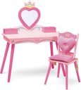 Wildkin Kids Princess Wooden Vanity and Chair Set for Girls, Vanity Features Mirror and Attached Jewelry Box and Music Box, Includes Matching Chair with Removable Backrest and Seat Cushion (Pink)