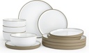 Famiware Nature Plates and Bowls Sets, 12 Pieces Stoneware Dinnerware Sets, Dishes Set for 4, Dishware Sets, Microwave and Dishwasher Safe, Snowy White