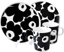 MARIMEKKO Oiva Unikko Kitchen Dish Set (Black) – Floral Stoneware — Plate and Mug Set of 2 — 8.8 Oz Mugs and 8" Diameter Plates