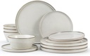 Famiware Annecy Stoneware Dinnerware Sets, Plates and Bowls Sets for 4, 12 Pieces Handmade Tableware/Dishware/Dinner/Dish Set with Lipped Edges - Double Reactive Glaze, Grey-White