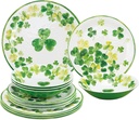 Upware 12-Piece Melamine Dinnerware Set, Includes Dinner Plates, Salad Plates, Bowls, Service for 4 (Shamrocks)
