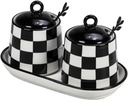 (D) Chic Checkered Porcelain Kitchen Coffee Tea and Sugar Jars Black and White