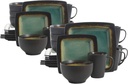 Gibson Elite Ocean Paradise 16 Piece Soft Square Glazed Dinnerware Kitchen Dish Set with Multi Sized Plates, Bowls, and Mugs, Jade (2 Pack)