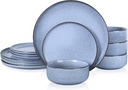 E-Far Dinnerware Sets for 4, 12-Piece Stoneware Plates and Bowls Set, Reactive Glaze Dishes Dinning Ware Set, Chip & Scratch Resistant, Microwave & Dishwasher Safe - Ocean Blue