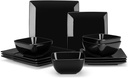 Vancasso Soho Dinnerware Sets 12 Pieces, Black Stoneware Square Place Setting, Dinner Plate, Dessert Plate, Bowls Service for 4