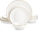 MALACASA Upscale Bone China Dinnerware Set, 12 Pieces Plates and Bowls Sets with Gold Rim, Cream-White Dinnerware Set for 4, Dinner Plates, Dessert Plates and Small Cereal Bowls, Series JERA