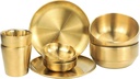 8 Pcs Stainless Steel Dinnerware Sets, Gold Dish Set, 6.6‘’ Small Thickened Dinner Plates, 16.9 OZ Soup Bowls, 3.5 OZ Mini Sauce Dish & Metal Cups, Stackable Dishware for Kitchen BBQ Party Picnic