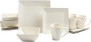 Square Dinnerware Sets, 16Pc Dinnerware Set, Fine Woodgrain Design, Service for 4 Porcelain Dinnerware Sets, Ivory