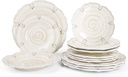 Dinnerware Sets 12 Pcs Plates and Bowls Sets Melamine Plates Indoor and Outdoor Use French Court Style Dish Set Plate Set for 4 Dishwasher Safe（White）