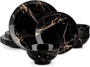 LOVECASA Plates and Bowls Sets for 4, 12 Pieces Porcelain Dinnerware Sets, Black and Gold Dish Set Gold Splash Dishware Sets, Dishwasher Microwave Safe