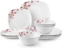 VEWEET Plates and Bowls Sets for 4, Porcelain Dinnerware Sets with Pink Floral, 12 PCS Dish Set Including Dinner Plates, Dessert Plates and Cereal Bowls, Series Annie