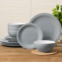 Famiware Garden Plates and Bowls Sets, 12-Piece Dishes Set for 4, Scratch Resistant Kitchen Dishes Dinnerware Set - Microwave and Dishwasher Safe, Reactive Glaze and Embossed Stoneware, Bluish Grey
