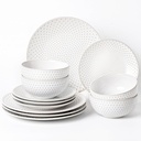 Stoneware Plates and Bowls Sets, Embossment Ceramic Dish Set for 4, 12 Piece Ease of Cleaning Dinnerware Sets, Dishware Safe Scratch Resistance Dishes, Light Blue-Gray