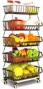 DINEST Modern 5 Tier Fruit Vegetable Storage Basket with Rolling Wheels - Dining Table and Kitchen Counter Organizer - Creative Fruit Basket Stand Made of Iron - Perfect for Pantry Bathroom Laundry