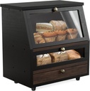 Wooden Bread Box for Kitchen Countertop, Black Bread Box Organizer, Extra Large Bread Storage Holder, Kitchen Counter Storage