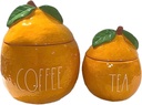 Rae Dunn Ceramic Coffe and Tea Storage Canisters (Set of 2-7" and 5", Orange/Coffee & Tea)
