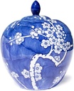 Hand Painted Porcelain Jar - Blue/White Cherry Blossom Round