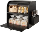 TQVAI Bamboo Bread Box for Kitchen Countertop Dobule Layer Roll Top Bread Bin with Silverware Basket - Can Use as 2 Individual Bread Boxes - Assembly Required, Black
