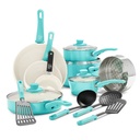 Greenlife 16-Pc Soft Grip Oven Safe Nonstick Ceramic Cookware Pan Set Turquoise