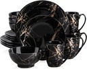 LOVECASA Black Plates and Bowls Sets for 4, Porcelain Dinnerware Sets 16 Piece G
