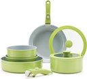 Vkoocy 9 Piece Green Non Stick Pot and Pan Sets with Removable Handle, Ceramic C