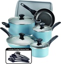 15 Piece, Aqua Farberware Dishwasher Safe Nonstick Cookware Pots and Pans Set,